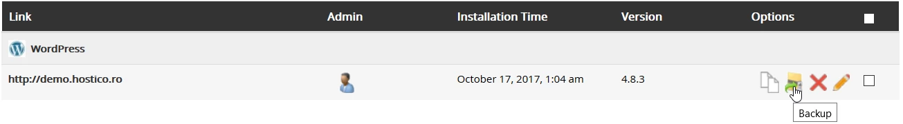 Sectiunea Backup aplicatia Softaculous