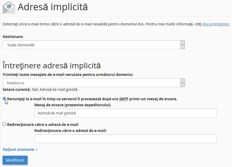 intretinere adresa implicita Renuntare la e-mail