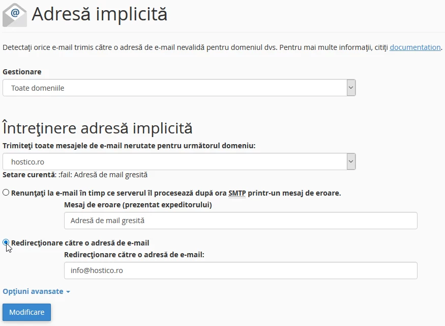 intretinere adresa implicita redirectionare e-mail