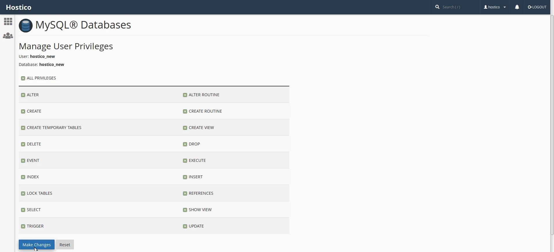 Privilegii bază de date cPanel